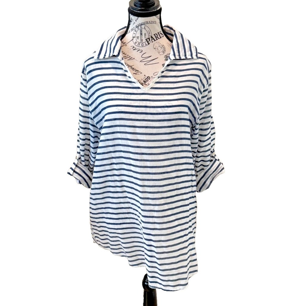 Tempo Paris Lightweight Roll Tab Sleeve V Neck Tunic Top Navy White Stripe Small